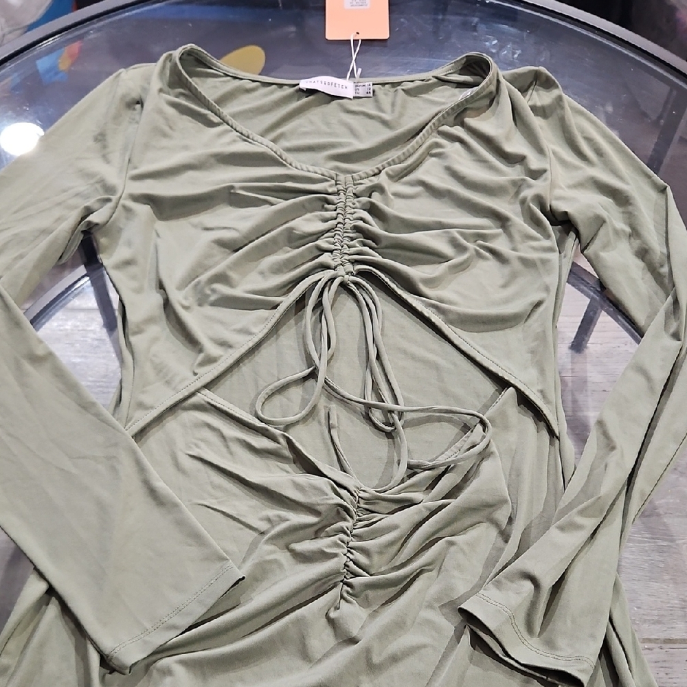 Stylish Olive Green Ruched Dress Size 12